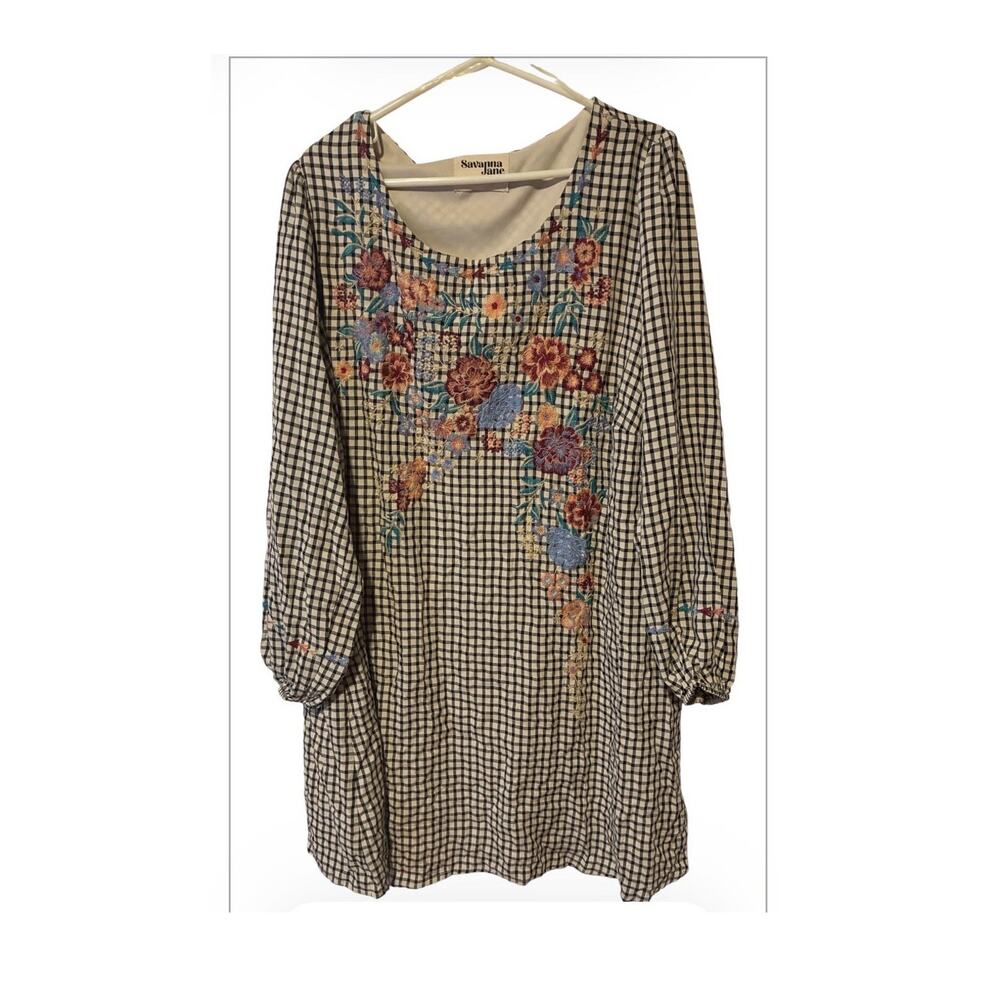 Savanna Jane 3X Gingham Embroidered Floral Shift Dress Long Sleeve Knee Length